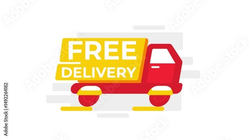 Delivery truck carrying free delivery advertisement isolated on white and blue background
