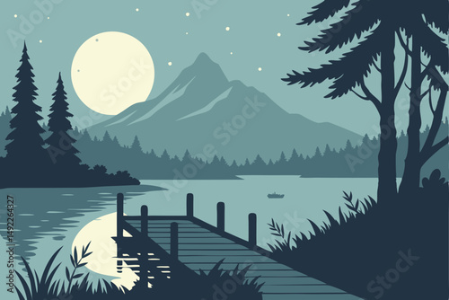 116 tranquil lake, wooden pier, mountain range, starry night sky, full moon, lush forest, serene landscape, atmospheric lighting