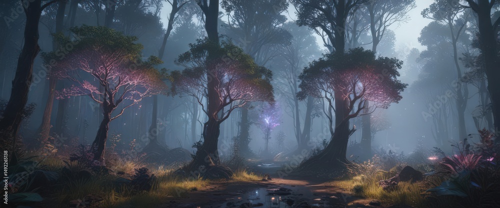 Fototapeta premium Holographic trees, spectral mist, bioluminescent vegetation, light, trees, wonder