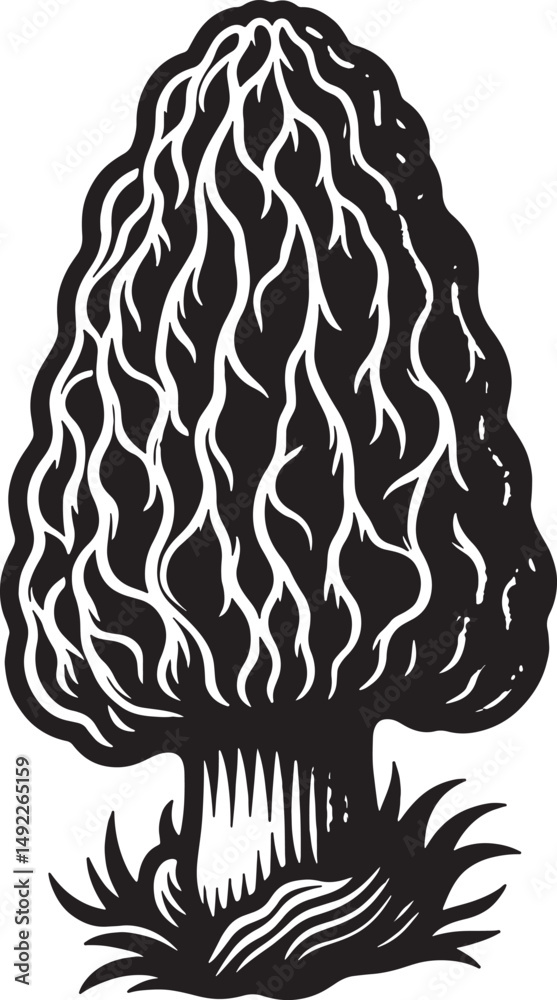 A black and white graphic illustration of a morel mushroom with grass at base