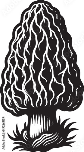 A black and white graphic illustration of a morel mushroom with grass at base