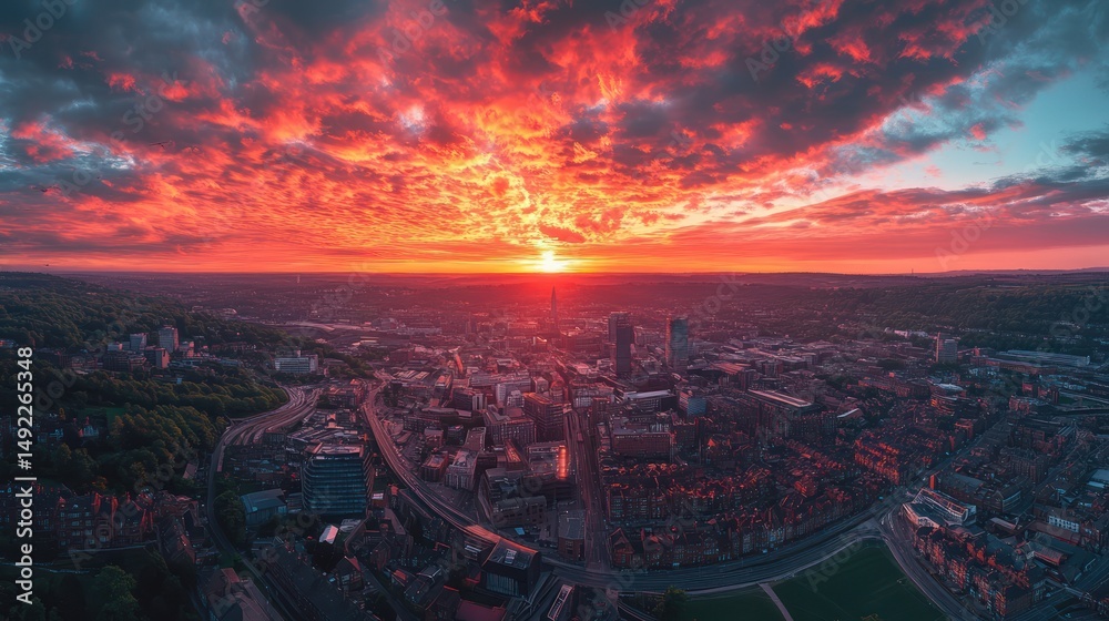 Fototapeta premium Fiery sunset over city panorama, aerial view, dramatic clouds, urban landscape, travel