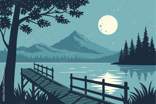116 tranquil lake, wooden pier, mountain range, starry night sky, full moon, lush forest, serene landscape, atmospheric lighting