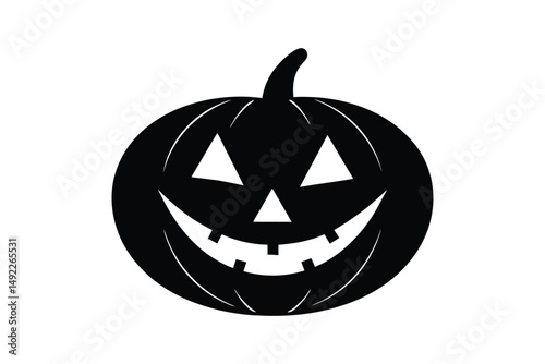 Silhouette art illustration of a smiling pumpkin with carved eyes and teeth.eps