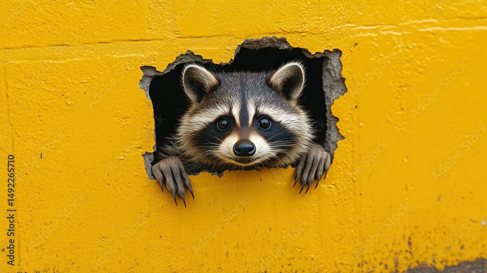 Fototapeta premium Raccoon Peeking Through Hole in Yellow Wall