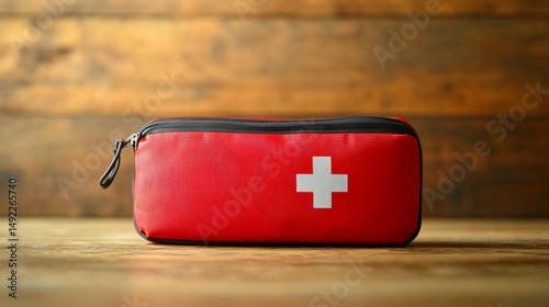 Red first aid kit on wooden surface photo