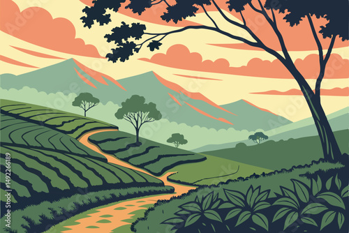 117 scenic landscape, rolling hills, tea plantation, colorful sky, dramatic clouds, mountains in distance, lush green foliage, winding path, majestic sunset, idyllic countryside, serene atmosphere, na