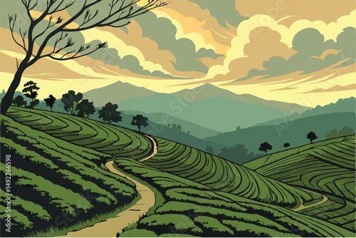 117 scenic landscape, rolling hills, tea plantation, colorful sky, dramatic clouds, mountains in distance, lush green foliage, winding path, majestic sunset, idyllic countryside, serene atmosphere, na