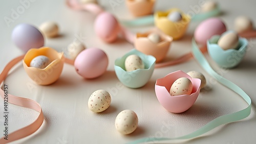 Pastel Easter Eggs in Broken Shells with Ribbons