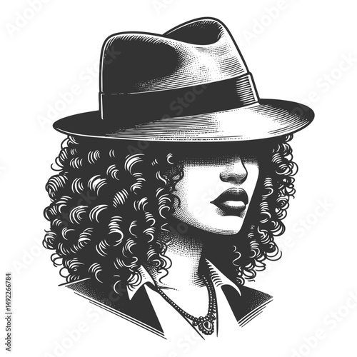 mysterious woman wearing a wide-brim fedora hat, covering her eyes, with curly hair and elegant hand gesture sketch engraving generative ai vector illustration. Scratch board. Black and white image.