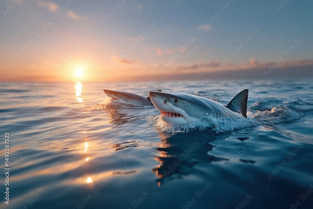 Fototapeta premium Sharks swimming in calm ocean waters during sunset over the horizon