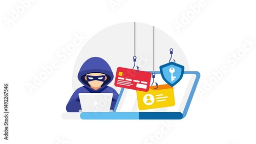 Hacker stealing data with phishing technique on white and green screen