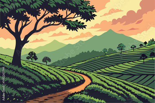 117 scenic landscape, rolling hills, tea plantation, colorful sky, dramatic clouds, mountains in distance, lush green foliage, winding path, majestic sunset, idyllic countryside, serene atmosphere, na