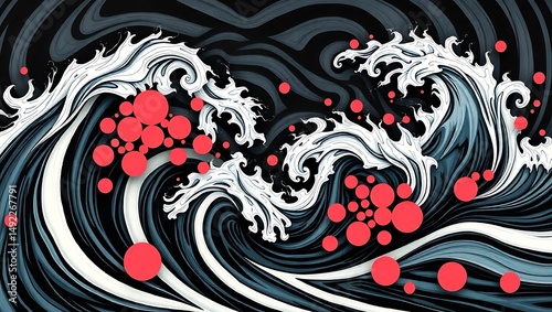 Stylized waves with red circles against a black and gray background in an artistic depiction style