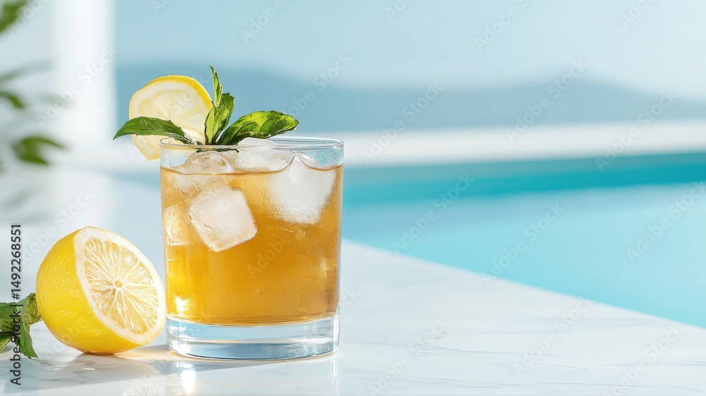 Fototapeta premium Refreshing Summer Drink with Lemon and Mint by Swimming Pool drink lemon mint pool summer beverage
