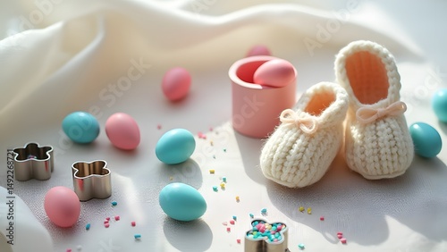 Adorable Knit Baby Booties with Pastel Eggs and Sprinkles