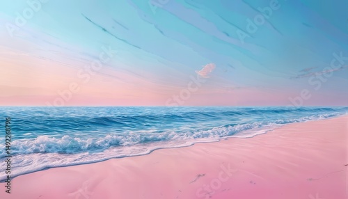 Wallpaper Mural a serene coastal scene featuring gentle waves washing onto a pink sand beach beneath a pastel sky with wispy clouds. Torontodigital.ca