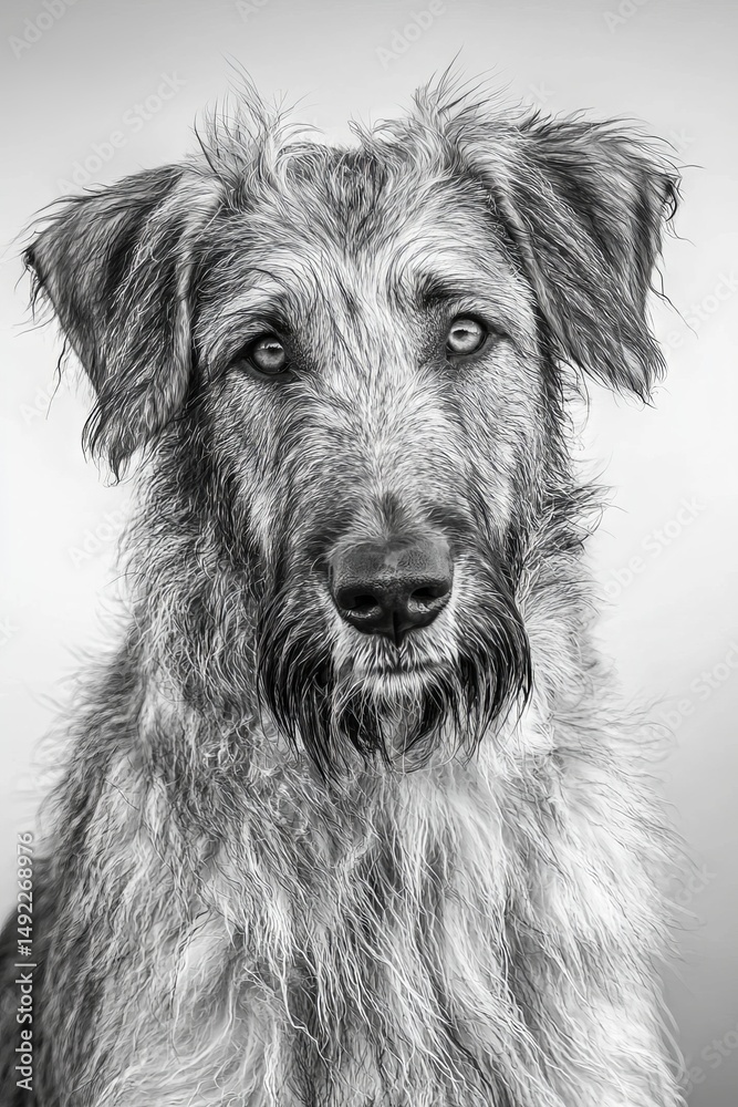 The stock image is a black and white portrait of a Pyrenean Shepherd dog breed The stock image is a black and white portrait of a Pyrenean Shepherd dog breed