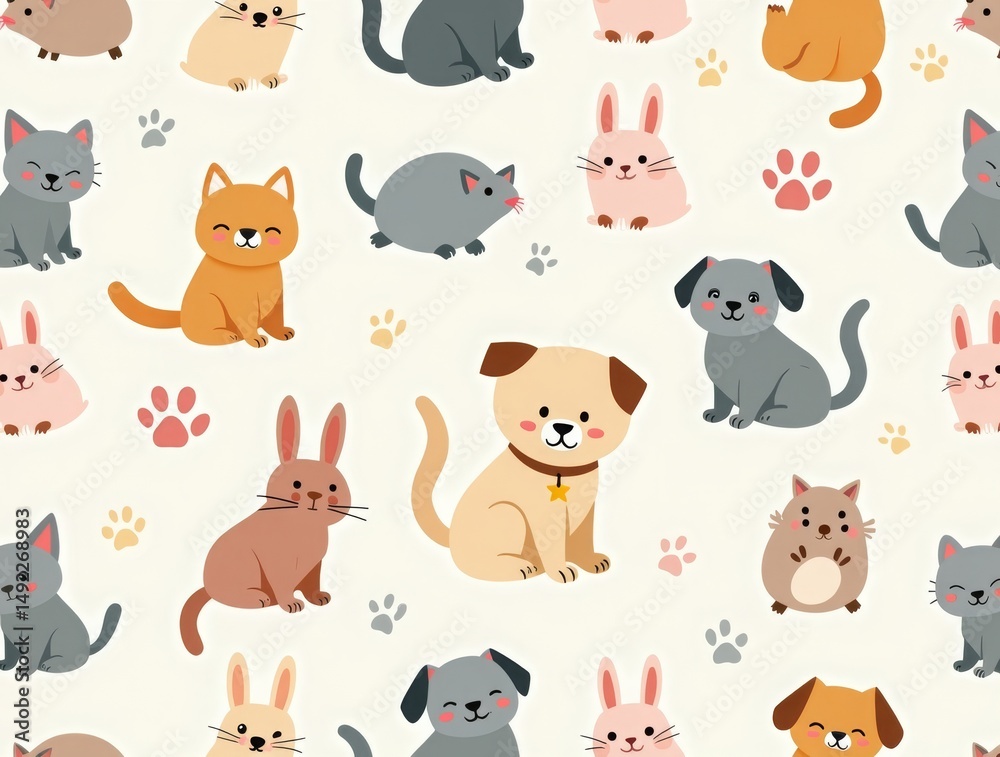 custom made wallpaper toronto digitalA playful seamless pattern featuring adorable pet animals like cats, dogs, rabbits, and hamsters, set against cute pastel backgrounds