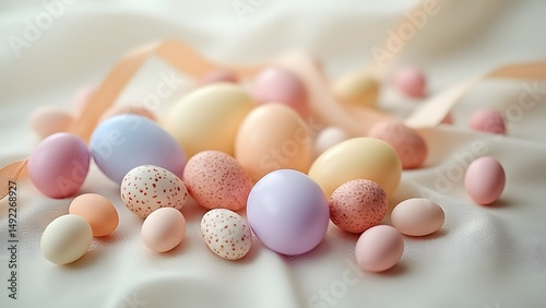 Pastel Easter Eggs on Soft Fabric Background