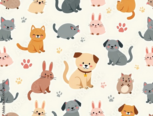 Wallpaper Mural A playful seamless pattern featuring adorable pet animals like cats, dogs, rabbits, and hamsters, set against cute pastel backgrounds Torontodigital.ca