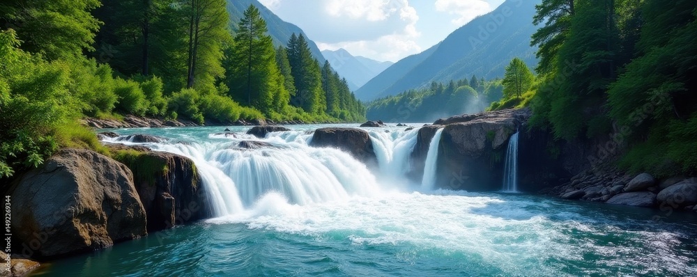 Fototapeta premium Cascading mountain waterfall, churning river rapids , flowing, rocks