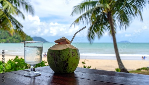 Refreshing tropical drink with ocean view invites relaxation at exotic beach resort