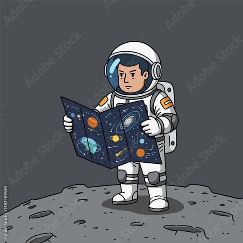 Cute comic-style astronaut with cartoon mustache and blue accents in suit, examining a tiny red spacecraft.