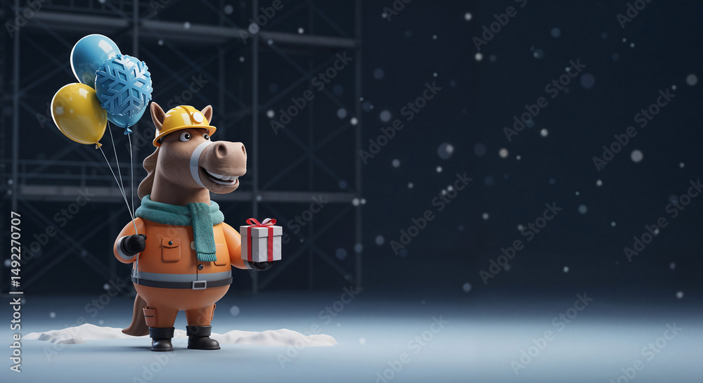 Naklejka premium Horse in a builder's suit with gifts and balloons, symbol of the year . Generative AI