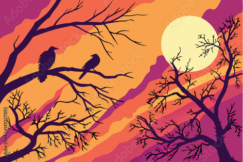 119 dramatic sunset sky, silhouette of bare tree branches, birds perched on branches, full moon, dramatic lighting, photographic, ultra high definition
