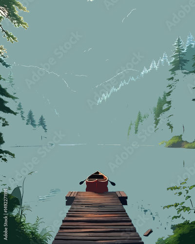 Nature Serenity: A tranquil lake surrounded by dense forest, with a wooden dock and a single canoe under a misty morning sky, evoking peace and calm.