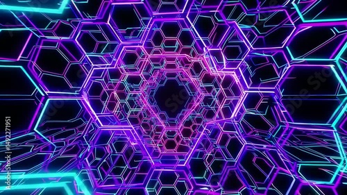 Futuristic glowing hexagonal grid tunnel animation with electric blue and purple neon lights, fast movement through cyberspace or digital network structure