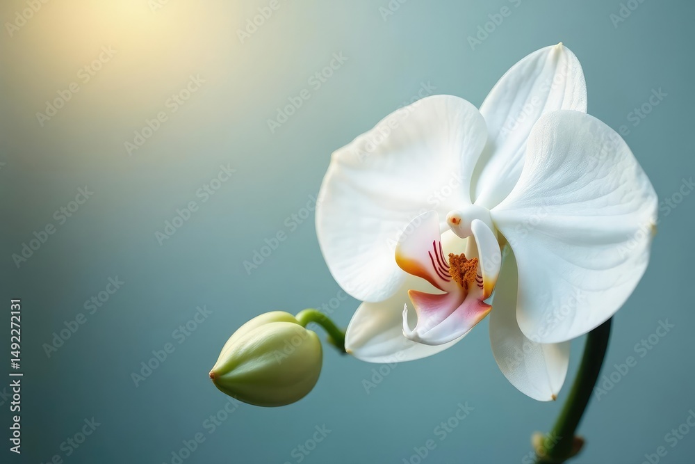 Obraz premium Delicate white orchid blossom, pristine background, subtle, studio, texture