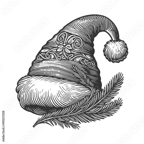 Santa Claus hat with fluffy trim and pom-pom, featuring detailed engraving lines sketch engraving generative ai vector illustration. Scratch board imitation. Black and white image.