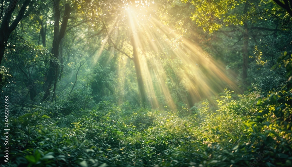 Obraz premium golden sunlight streams through a lush, dense forest canopy illuminating vibrant green undergrowth.