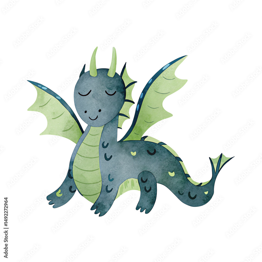 Obraz premium Watercolor illustration of a cute blue and green dragon on a transparent background.
