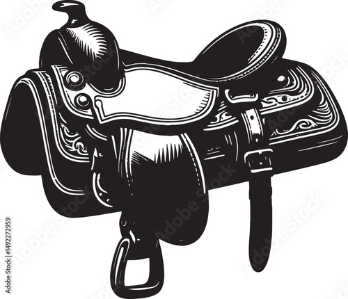 A detailed monochrome illustration of a western horse saddle with intricate designs