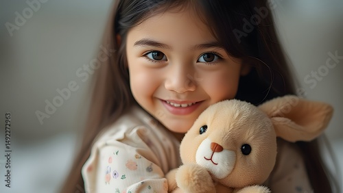 Adorable Little Girl Hugging Stuffed Bunny Toy
