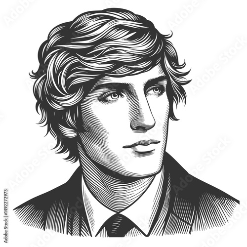 young businessman with wavy hair wearing a formal suit and tie, looking confidently away sketch engraving generative ai vector illustration. Scratch board imitation. Black and white image.
