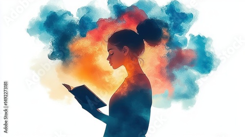 Silhouette of a woman reading a book surrounded by vibrant abstract clouds in warm and cool tones, evoking a sense of imagination and contemplation