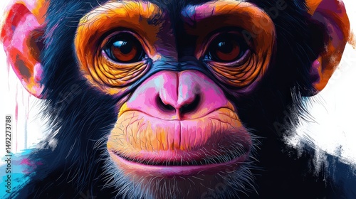 Vibrant close up of a chimpanzee face with colorful features and expressive eyes