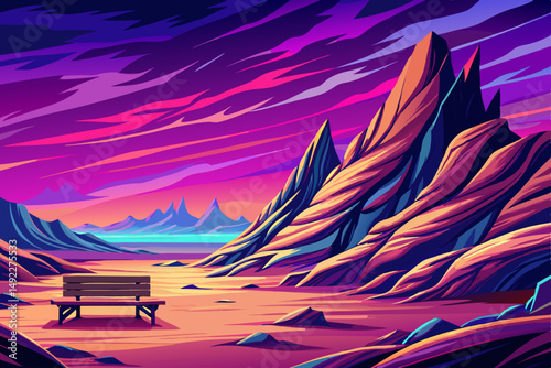 View of Pink and Orange Sunset Over Barren Landscape with lone Bench 