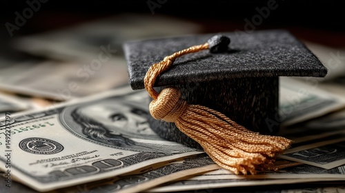Graduation mortar board cap on one hundred dollar bills concept for the cost of a college and university education