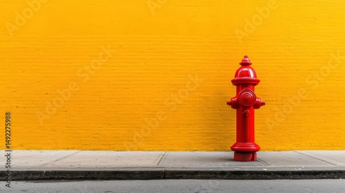 A red fire hydrant stands on a sidewalk in front of a yellow brick wall.