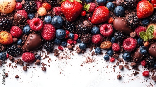 Colorful assorted berries and chocolate treats on white surface