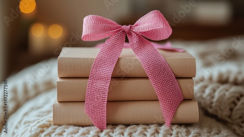 Stack of wrapped books with pink ribbon displayed indoors