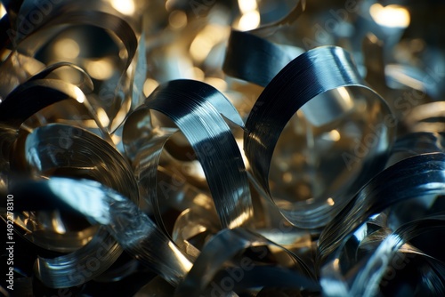 Recycling of steel scrap materials, including aluminum chip waste from machining metal parts on a CNC lathe, involves closeup views of twisted spiral steel shavings with small roughness and sharpness