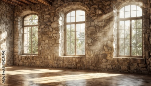 a sunlit stone-walled room features three arched windows overlooking lush greenery, casting warm rays across a polished wooden floor.