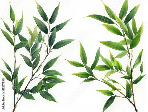 Two green leafy branches with long pointed leaves isolated on white background showing detailed natural foliage