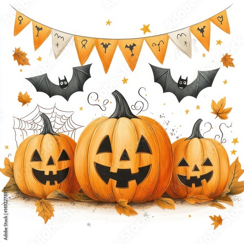 Three smiling carved pumpkins surrounded by autumn leaves, two flying bats, spider webs, hanging Halloween-themed pennant flags, and scattered stars creating a festive Halloween scene